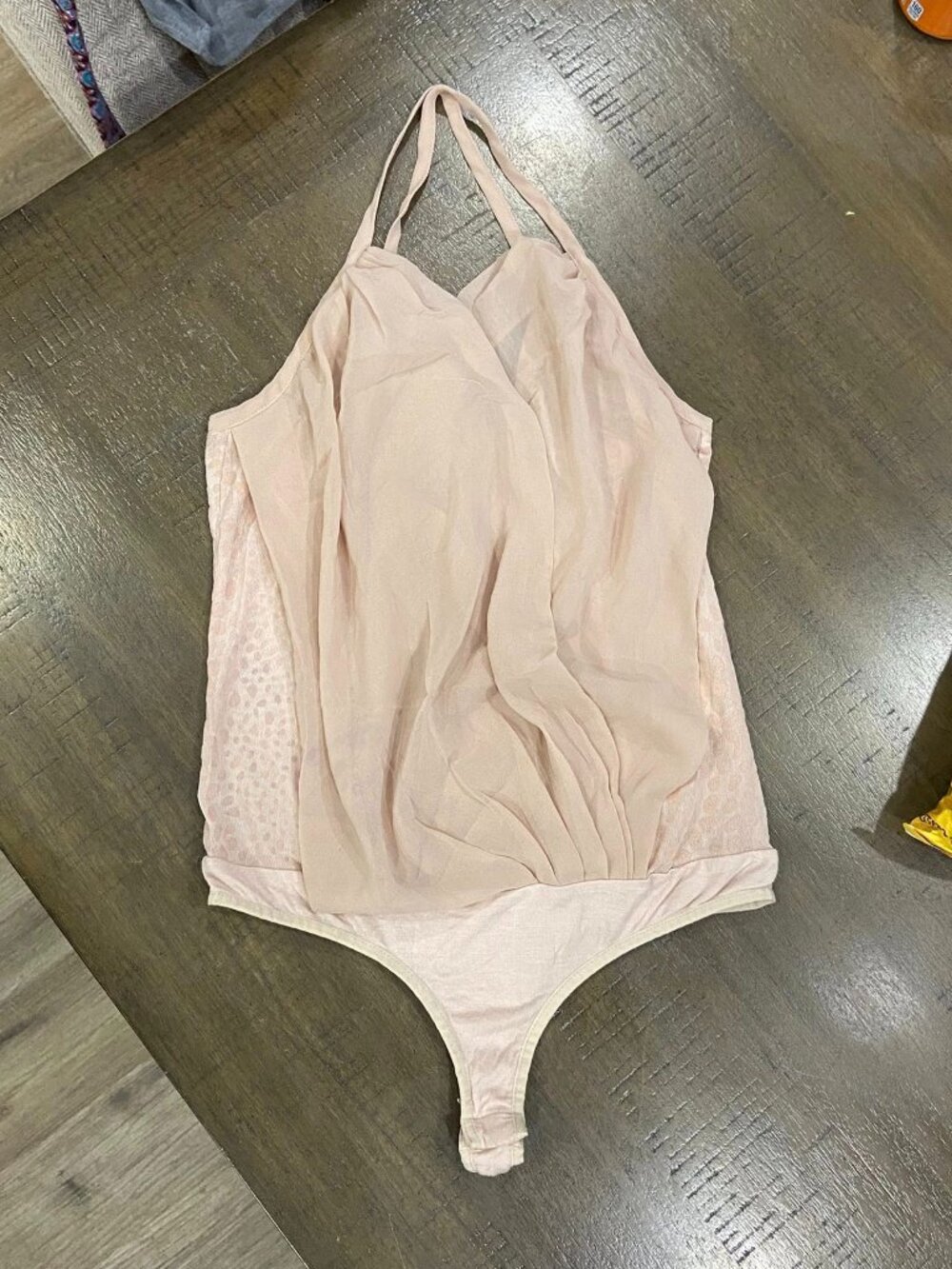 BEBE, Women's Beige Bodysuit with Plunging Neckline and Textured Fabric —Size XS